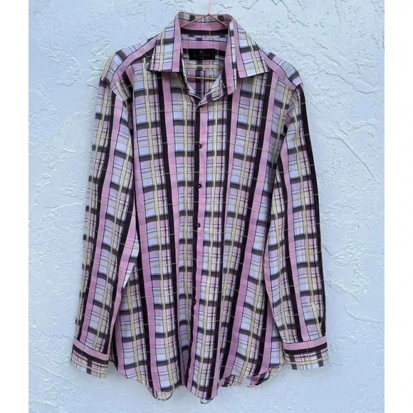 Etro Mens Checkered Print Button Down Milano Polo Shirt Pink Sz 41 - Picture 13 of 13